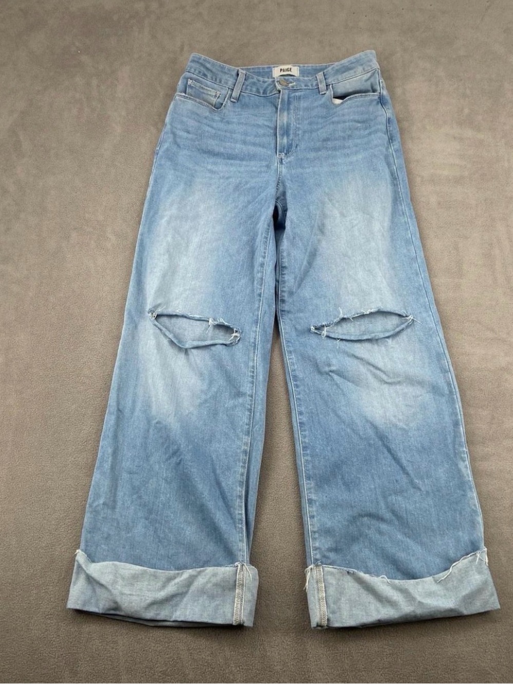 PAIGE Light Blue Wide-Leg Ripped Connie Cuffed Jeans